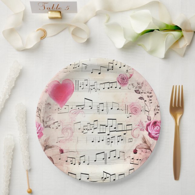 Musical Notes and Roses Vintage Design Paper Plates (Wedding)