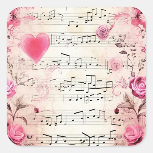 Musical Notes and Roses Vintage Design Square Sticker
