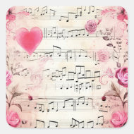 Musical Notes and Roses Vintage Design Square Sticker