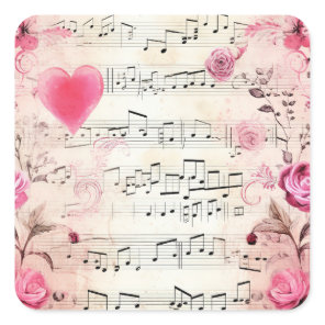 Musical Notes and Roses Vintage Design Square Sticker