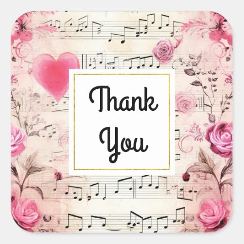 Musical Notes and Roses Vintage Design Thank You Square Sticker