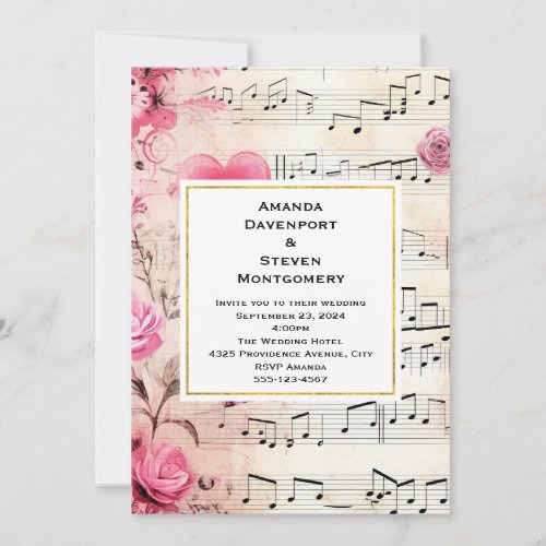 Musical Notes and Roses Vintage Design Wedding Invitation