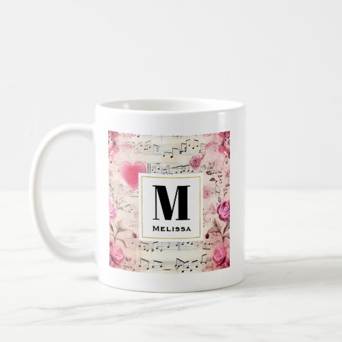 Musical Notes and Roses Vintage Monogram Coffee Mug