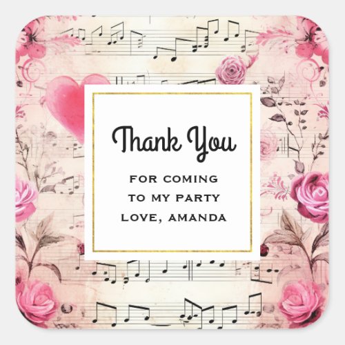 Musical Notes and Roses Vintage Party Thank You Square Sticker