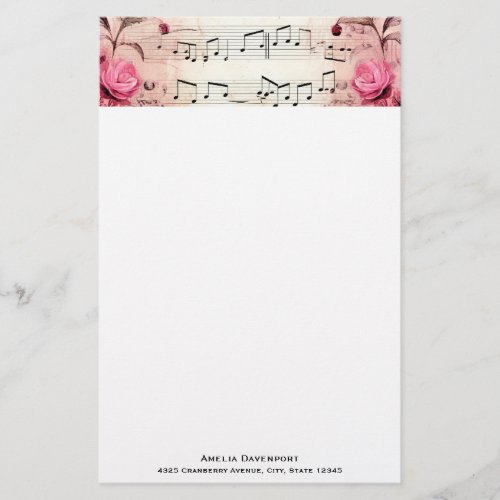 Musical Notes and Roses Vintage Style Stationery
