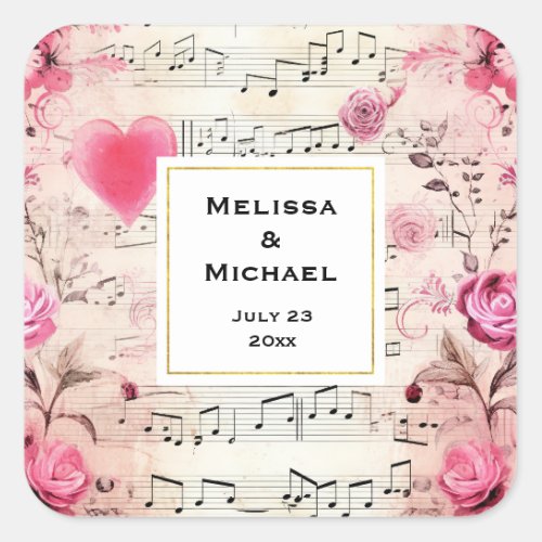 Musical Notes and Roses Vintage Wedding Square Sticker