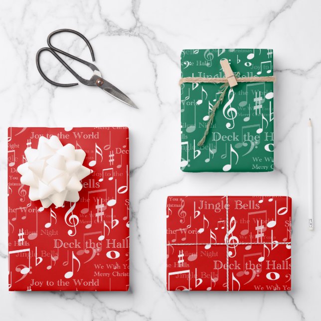 Musical Notes and Symbols, Christmas Carols Wrapping Paper Sheets (Front)