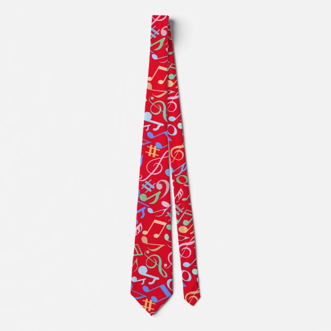 Musical Notes and symbols Pattern pastel. Red BG Neck Tie (Front)