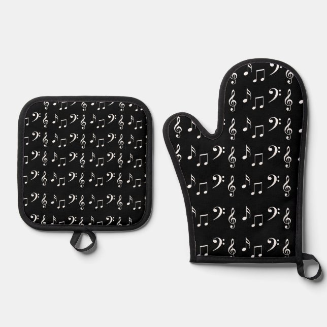 Musical Notes Black and White Musical Notes Oven Mitt & Pot Holder Set (Front)