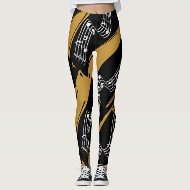 Musical notes Black Gold Modern Leggings (Front)