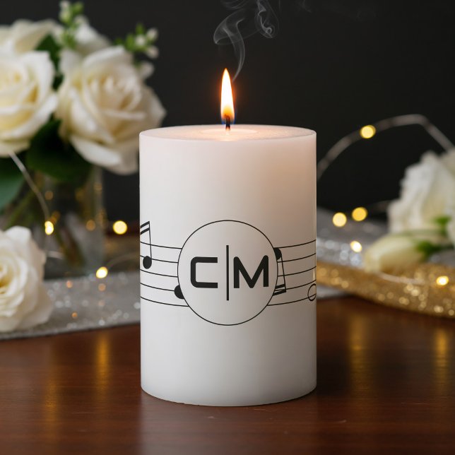 Musical Notes Black & White Monogram Wedding   Pillar Candle (Front view elegant minimalist musical notes with classic melody themed ceremony wedding candle)
