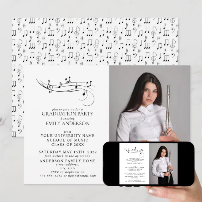 Musical Notes Black & White Photo Graduation Invitation | Zazzle