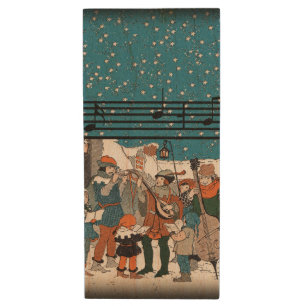 Musical Notes Christmas Carolers Stars Village Wood USB Flash Drive