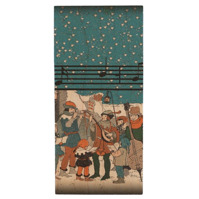 Musical Notes Christmas Carolers Stars Village Wood USB Flash Drive (Front Vertical)