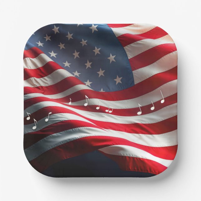 Musical Notes Floating On an American Flag Paper Plates (Front)