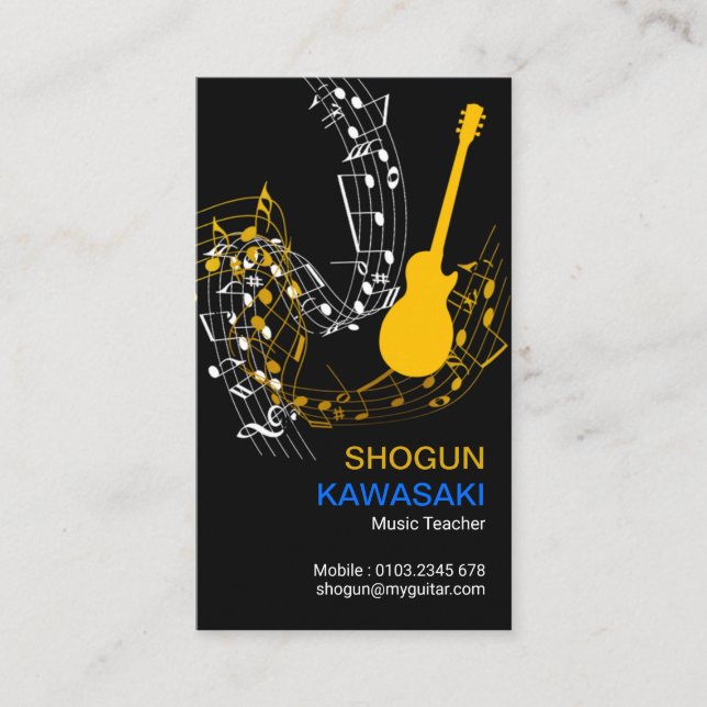 Musical Notes Guitar Riffs Yellow Guitar Business Card (Front)