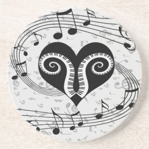 Musical notes heart and piano keys drink coaster