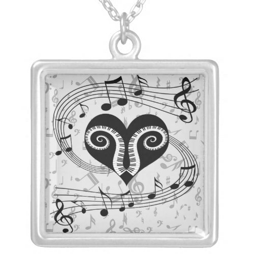 Musical notes heart and piano keys silver plated necklace