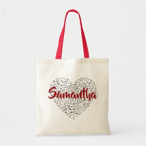 Musical Notes Heart w Red Script Name Sheet Music Tote Bag