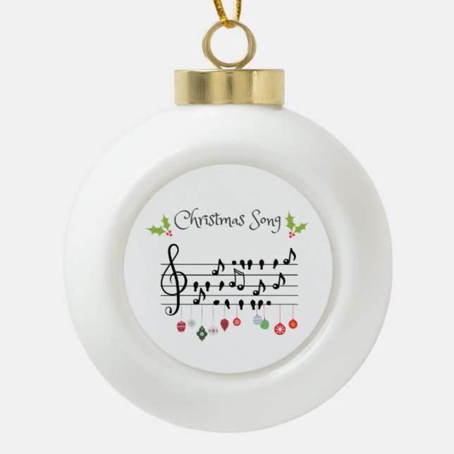 Musical Notes Holly Christmas Song Ceramic Ball Christmas Ornament (Front)