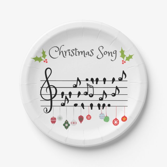 Musical Notes Holly Christmas Song Paper Plates (Front)