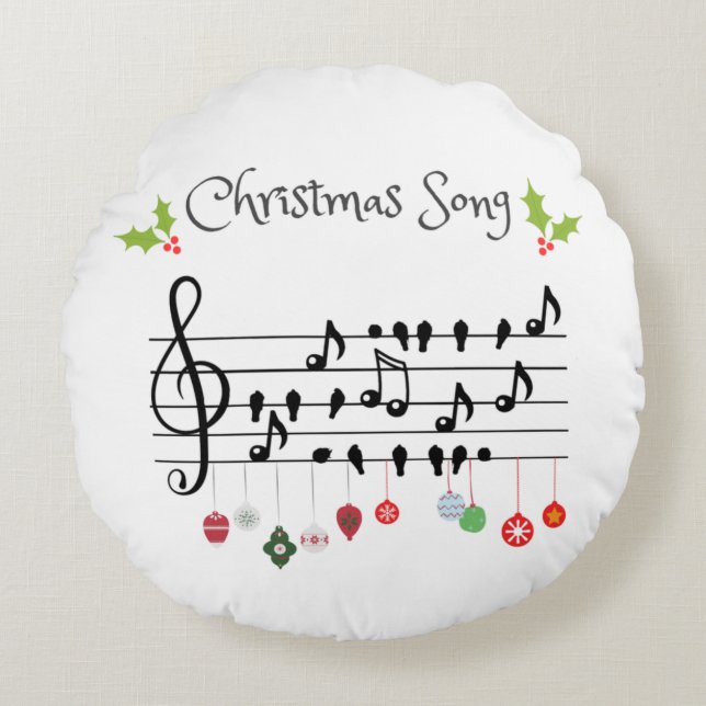Musical Notes Holly Christmas Song Round Pillow (Front)