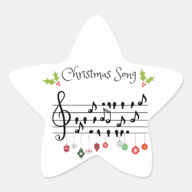 Musical Notes Holly Christmas Song Star Sticker (Front)