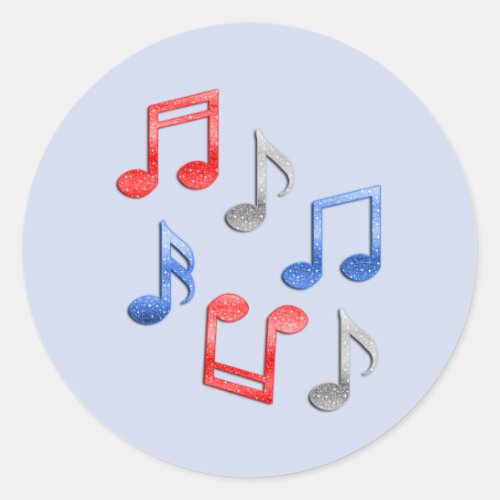 Musical Notes in Red Silver Blue Glitter Classic Round Sticker