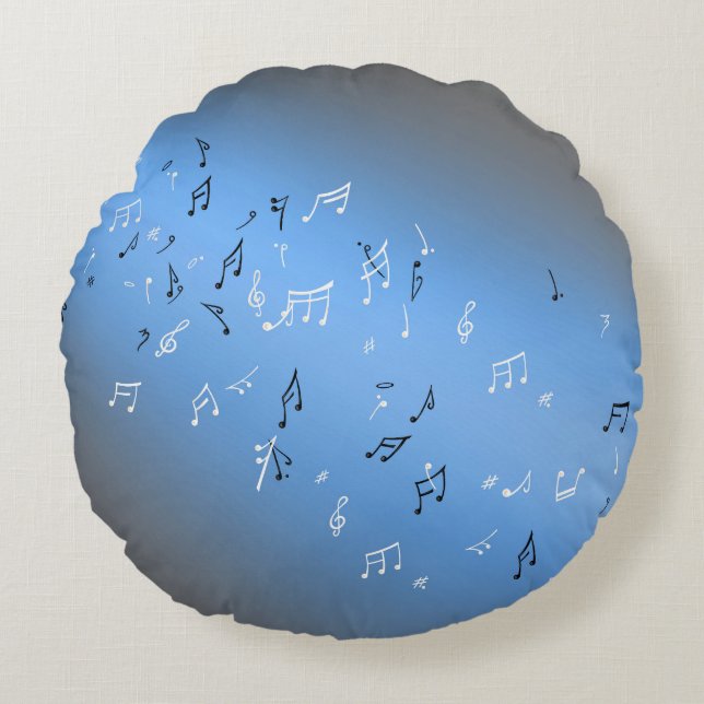 Musical Notes in the Moonlight Blue Gray Round Pillow (Front)