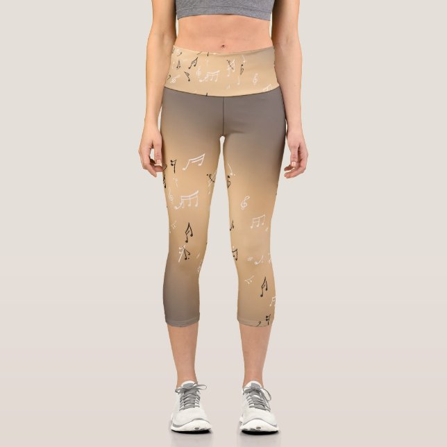 Musical Notes in the Moonlight Golden brown  Capri Leggings (Front)