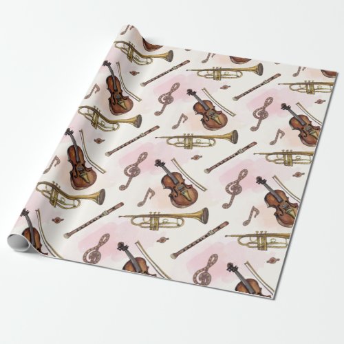 Musical Notes Instruments On Beige Wrapping Paper