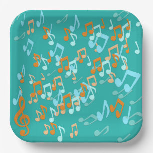 musical notes orange and blues paper plates