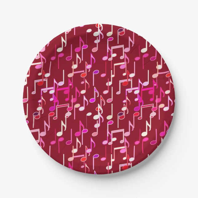 Musical Notes print - burgundy, multi Paper Plates (Front)