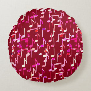 Musical Notes print - burgundy, multi Round Pillow