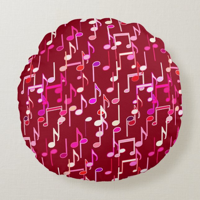Musical Notes print - burgundy, multi Round Pillow (Front)