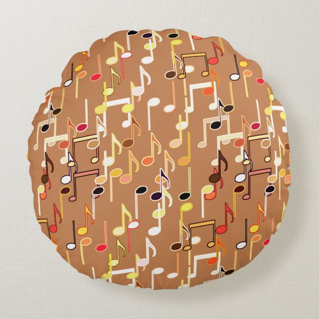 Musical Notes print - Caramel Tan, Multi Round Pillow (Front)