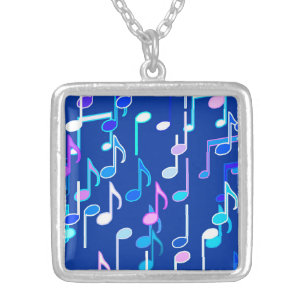 Musical Notes print - indigo blue, multi Silver Plated Necklace