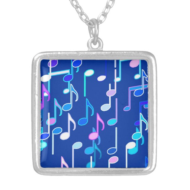 Musical Notes print - indigo blue, multi Silver Plated Necklace (Front)