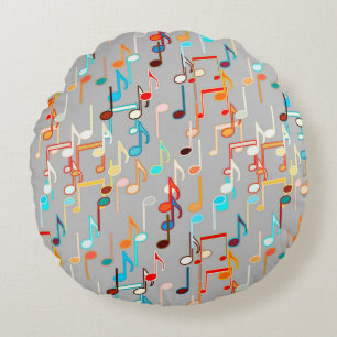 Musical Notes print - Medium Grey, Multi Round Pillow