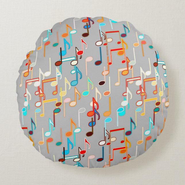 Musical Notes print - Medium Grey, Multi Round Pillow (Front)