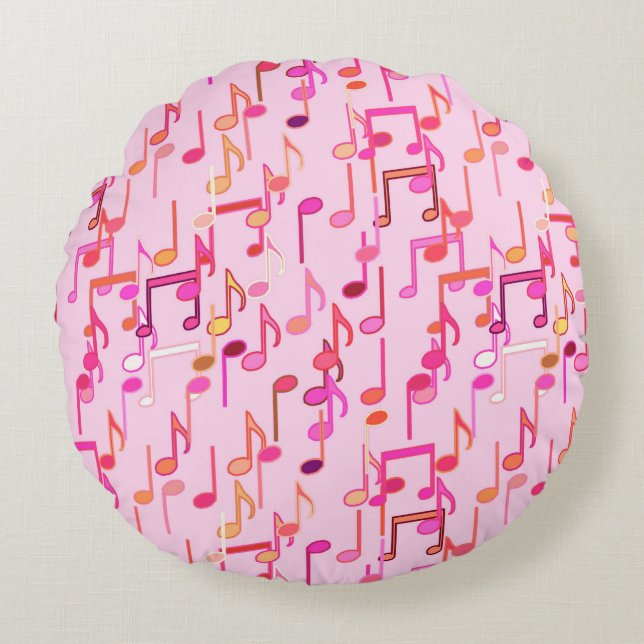 Musical Notes print - pink, multi Round Pillow (Front)