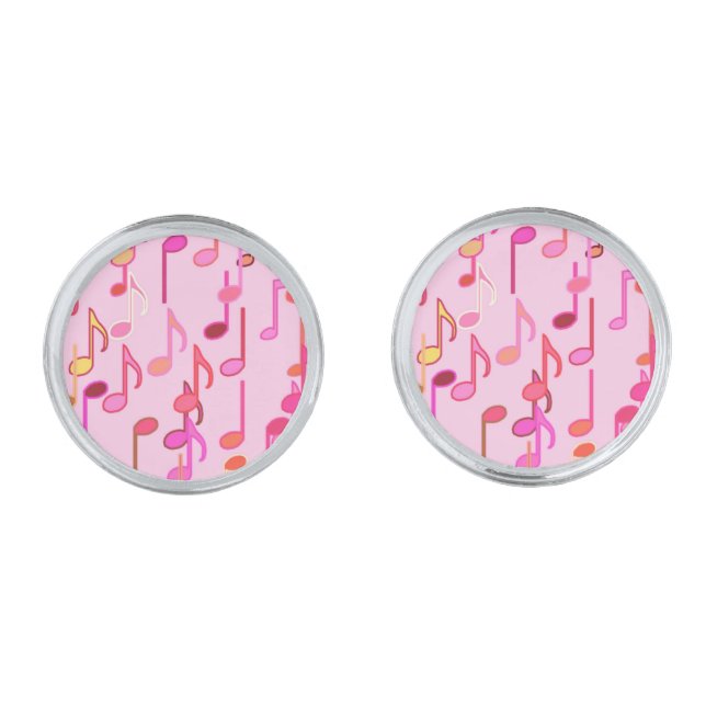 Musical Notes print - pink, multi Silver Cufflinks (Front)