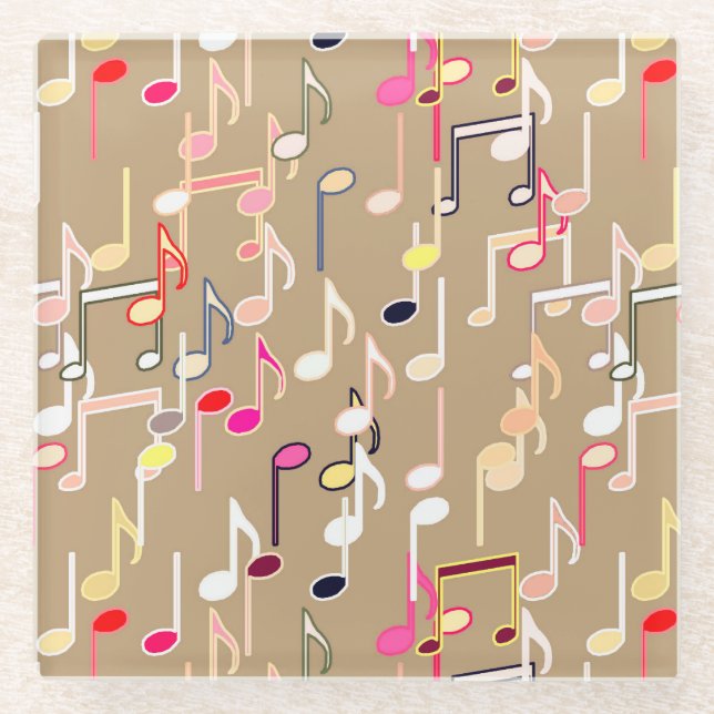 Musical Notes print - taupe tan, multi Glass Coaster (Front)