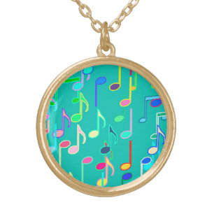 Musical Notes print - turquoise, multi Gold Plated Necklace