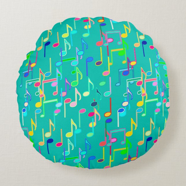 Musical Notes print - turquoise, multi Round Pillow (Front)