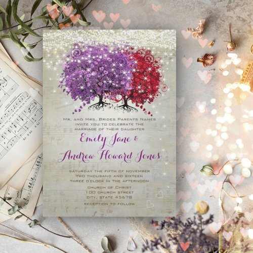 Musical Notes Purple Red Heart Leaf Tree Wedding Invitation