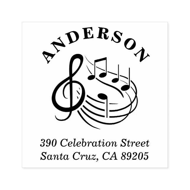 Musical Notes Round Family Name Return Address Rubber Stamp (Imprint)