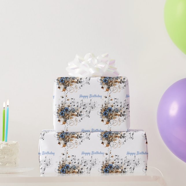 Musical Notes Scale Blue Watercolor Flowers  Wrapping Paper (Party Gifts)