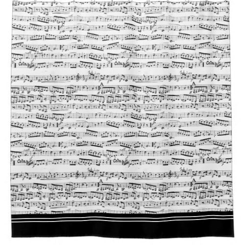 Musical notes shower curtain with black trim