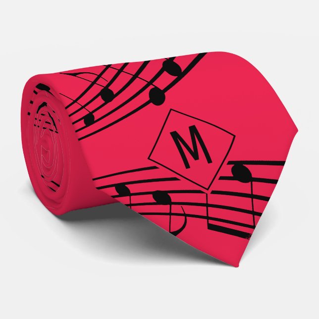MUSICAL NOTES Staves | Red Black | Monogram Neck Tie (Rolled)
